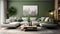 Modern cozy living room interior design with stylish sofa, coffee table, green plants, flowers, vases, poster, and decoration in a