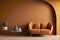 Modern cozy living room with monochrome burnt orange wall. Contemporary interior design with trendy earth tones wall color, sofa,