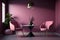 Modern cozy living room with monochrome deep magenta wall. Contemporary interior design with dark pink wall color, armchair, table