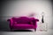 Modern cozy living room with pink magenta sofa. Contemporary interior design with empty grey wall. Generative AI