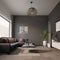 Modern cozy living room in sober colors white and gray, perfectly illuminated space