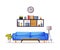 Modern Cozy Room Interior Design, Blue Sofa, Bookshelf Comfy Furniture and Home Decoration Accessories Vector