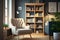 Modern Cozy Room with Scandinavian Bookcase and Armchair. AI