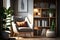 Modern Cozy Room with Scandinavian Bookcase and Armchair. AI