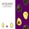 Modern creative avocado collage with simple text on solid color background. Avocado slices creative layout on purpule background.