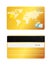 Modern credit card on background, front and back view