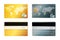 Modern credit cards on background, front and back views