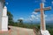 Modern cross overlooking the valley of Cibao next to the Church of Our Lady of Mercedes in Santo Cerro, Dominican Republic.