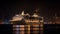Modern cruise liner in the harbor at night, generative ai