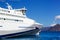 Modern cruise ship sailing on Aegean sea, Santorini Greece