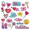 Modern Cute 80s-90s Isolated Valentine Fashion Patch Cartoon Illustration Set