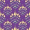 Modern damask style design of stylised yellow flowers on a purple background. Elegant seamless half drop vector pattern