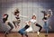 Modern dancing group practice dancing in front wall