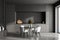 Modern dark grey kitchen interior, dining area with panoramic windows. Furnished by table and chairs for eating, black wooden