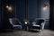 Modern dark home interior in dark navy blue colors with two empty armchairs, neural network generated photorealistic