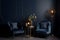 Modern dark home interior in dark navy blue colors with two empty armchairs, neural network generated photorealistic