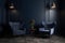 Modern dark home interior in dark navy blue colors with two empty armchairs, neural network generated photorealistic