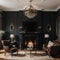 Modern dark interior with a fireplace flowers a cozy brown sofa with carved legs and two elegant armchairs The stylization of