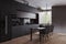 Modern dark kitchen and dinning room interior with furniture and kitchenware, grey, black and dark wood kitchen interior