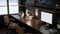 A modern dark loft home office with computer on a dark wooden table, brown leather office chair