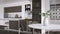 Modern dark wooden kitchen, Island, parquet and decors. Dining table with chairs, open wine cellar, shelves with pottery and