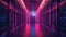 Modern data center corridor with vibrant neon lights, showcasing high-tech servers and advanced technology infrastructure