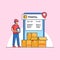 Modern delivery service employee checking lots of package order with shipment tracking mobile app vector illustration