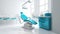 Modern Dental Clinic, Dentist chair and other accessories used by dentists in blue medical light. Dental surgeon, is a