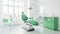 Modern Dental Clinic, Dentist chair and other accessories used by dentists in green medical light. Dental surgeon, is a