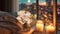 modern design bedroom,big windows on night city ,flowers and candles cozy room,buildings blurred light