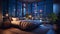 modern design bedroom,big windows on night city ,flowers and candles cozy room,buildings blurred light