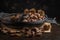 Modern design black ceramic bowl with walnuts, hazelnuts, almonds, chestnut hedgehogs on dark countertop and background. Autumn