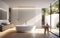 Modern design. Chic and minimalist bathroom with a standalone tub, a large mirror and clean white fixtures. Natural materials,