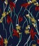 Modern Design for Fashion, Seamlees Hand Drawn Flowers with Leaves on Dark Blue.