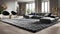 Modern design of a large room with a large sofa and a soft carpet, design of a cozy room in Hugge style, a place for relaxation