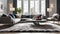 Modern design of a large room with a large sofa and a soft carpet, design of a cozy room in Hugge style, a place for relaxation