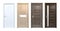 Modern design set of high resolution wooden texture house doors.  Front closed view of pine, oak, wenge wood 3D home entrances