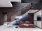 Modern design staircase in the living room, with glass railings and white independent steps on the brick wall