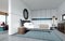 Modern designer bedroom in Scandinavian style, wardrobe, round mirror, panoramic window from floor to ceiling