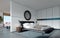 Modern designer bedroom in Scandinavian style, wardrobe, round mirror, panoramic window from floor to ceiling