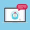 Modern device - laptop, notebook, netbook pc flat design with chat bot speak in the bubble popped on screen icon vector illustrati
