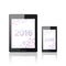 Modern digital tablet PC with mobile smartphone isolated on the white. Molecule and communication background. Science