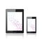 Modern digital tablet PC with mobile smartphone on the white. Molecule and communication background. Science