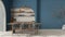 Modern dining room interior in country apartment, cream and blue tones, craft wooden table, rattan chairs, molded concrete walls