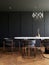 modern dining room interior design with black wall  wooden floor and window 3d render vertical background