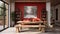 Modern Dining Room With Red Walls And Wooden Bench