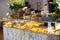 Modern display of bakery with different kinds of cookie and buns