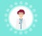 Modern doctor in white coat and stethoscope giving advice with icons in circle. Vector.