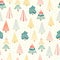 Modern doodle christmas trees in front of snowflakes on a white background. Seamless vector pattern background. Perfect for