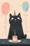 modern doodle illustration happy birthday cat